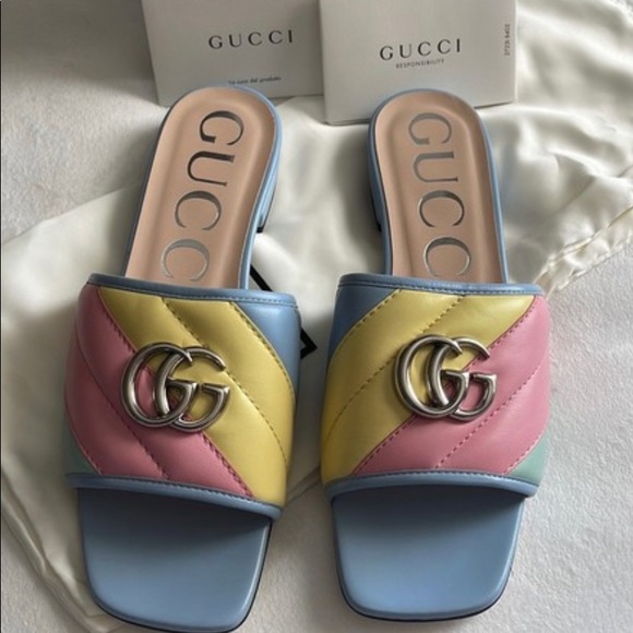 GUCCI Pastel Nappa Double G Matelasse Leather Sandals 37.5 - Picture 2 of 10